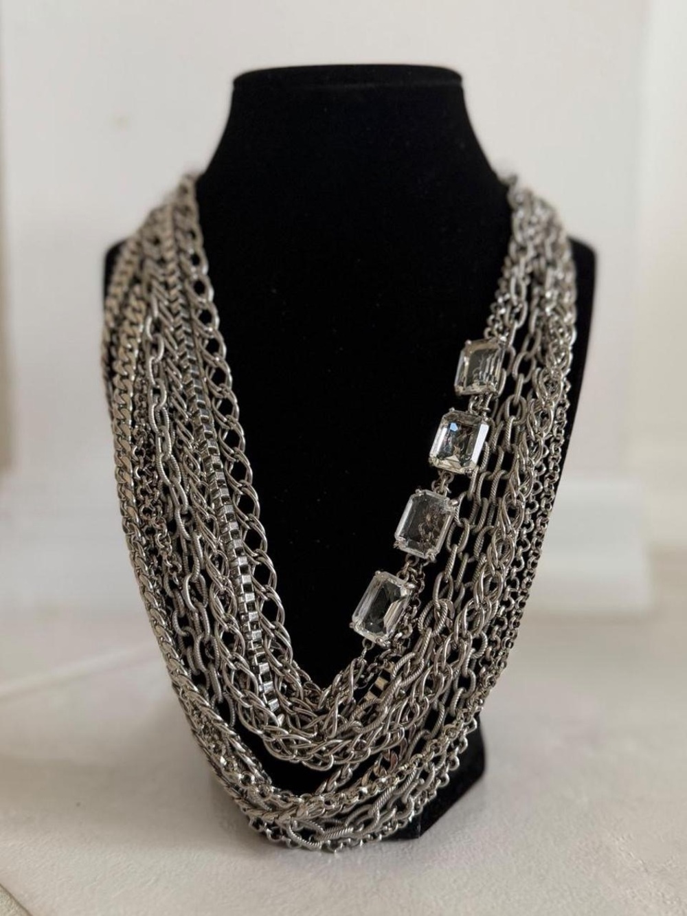 Chico's Silver Multi-Strand Necklace with Clear Gem Accents